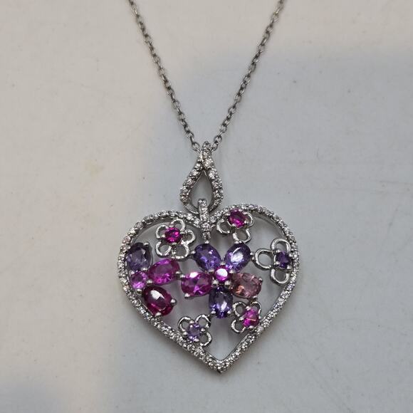 Sterling Silver 925 Multi Gemstone Amethyst & Ruby Heart Pendant Necklace 18" - Picture 1 of 7